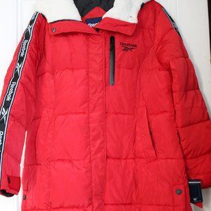 NWT Reebok Red Quilted Hooded Coat Super Warm Reebok Name on Coat Sz L